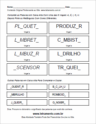 Atividade Para Imprimir de Completar Palavras Com Vogais Escritas em Caixa Alta