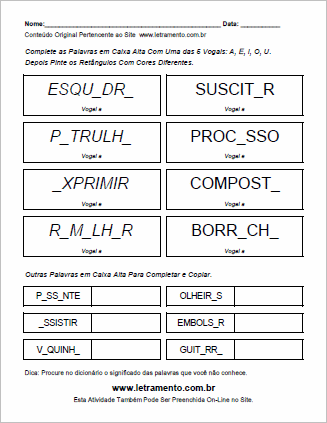 Atividade Para Imprimir de Completar Palavras Com Vogais Escritas em Caixa Alta