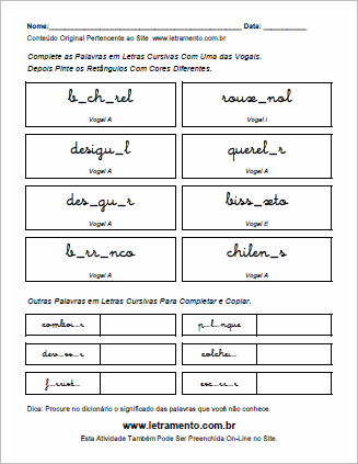 Atividade Para Imprimir Completar Palavras Com Vogais Escritas em Letras Cursivas