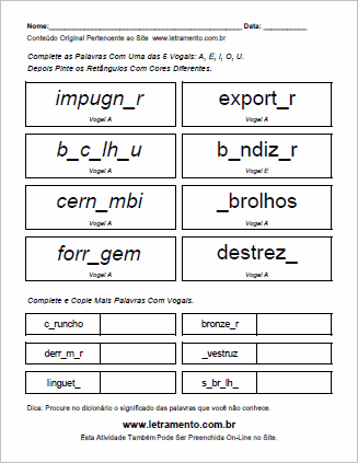 Atividade Para Imprimir Completar Palavras Com Vogais Escritas em Letras Minúsculas
