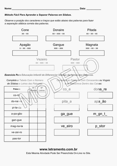 Atividade Para Imprimir Separar Sílabas Palavras Cone, Donaire, Pitada, Apagão, Gangue, Magnata, Vezeiro, Pastor