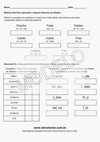 Atividade Para Imprimir Separar Sílabas Palavras Picanha, Poste, Fetidez, Cabelo, Cobrar, Frisa, Ladeira, Filo