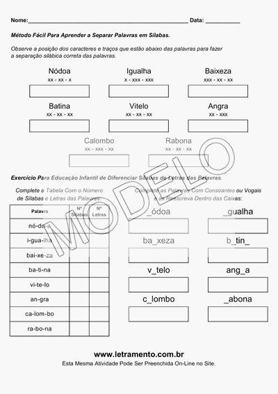 Atividade Para Imprimir Separar Sílabas Palavras Nódoa, Igualha, Baixeza, Batina, Vitelo, Angra, Calombo, Rabona