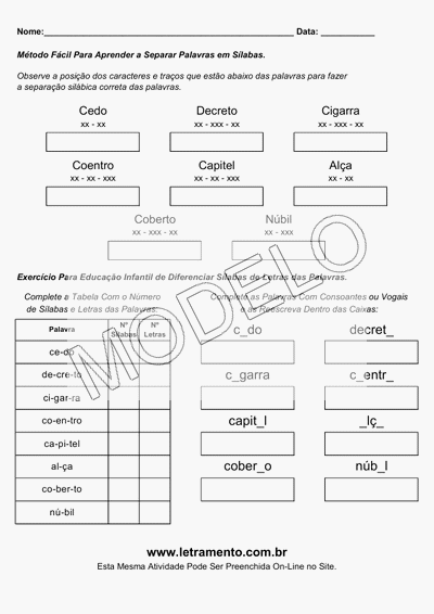 Atividade Para Imprimir Separar Sílabas Palavras Cedo, Decreto, Cigarra, Coentro, Capitel, Alça, Coberto, Núbil