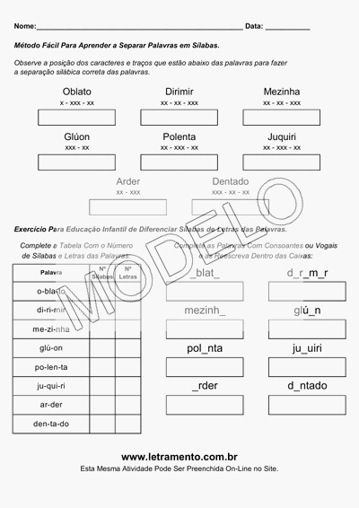 Atividade Para Imprimir Separar Sílabas Palavras Oblato, Dirimir, Mezinha, Glúon, Polenta, Juquiri, Arder, Dentado