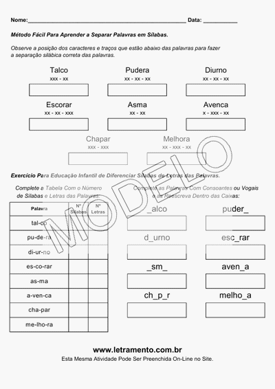 Atividade Para Imprimir Separar Sílabas Palavras Talco, Pudera, Diurno, Escorar, Asma, Avenca, Chapar, Melhora