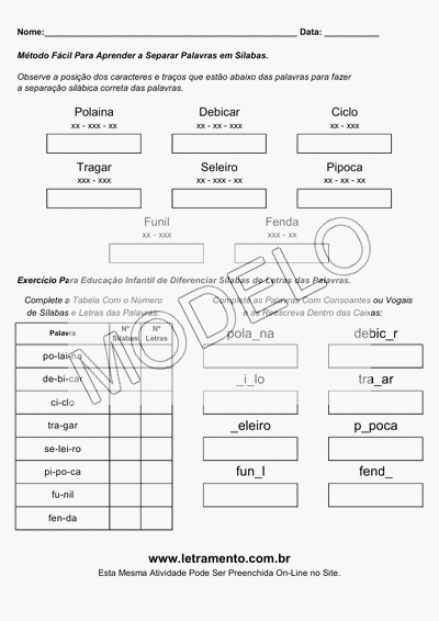 Atividade Para Imprimir Separar Sílabas Palavras Polaina, Debicar, Ciclo, Tragar, Seleiro, Pipoca, Funil, Fenda