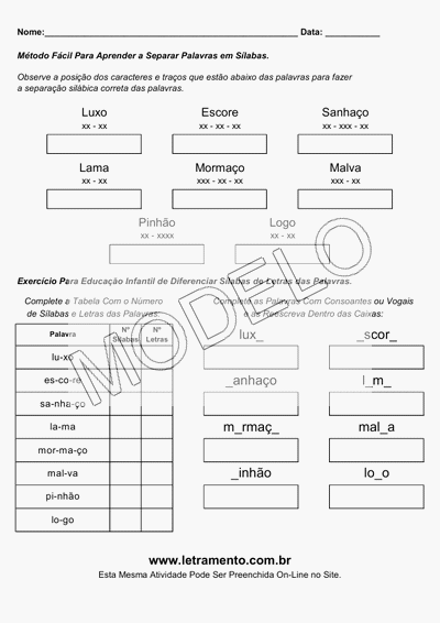 Atividade Para Imprimir Separar Sílabas Palavras Luxo, Escore, Sanhaço, Lama, Mormaço, Malva, Pinhão, Logo
