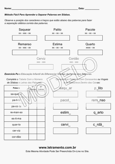 Atividade Para Imprimir Separar Sílabas Palavras Saquear, Palito, Pacote, Remanso, Estima, Quarto, Cerviz, Cordão