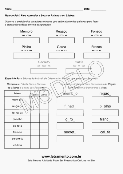 Atividade Para Imprimir Separar Sílabas Palavras Membro, Regaço, Fonado, Piolho, Garoa, Franco, Secreto, Califa