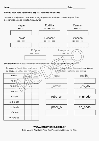 Atividade Para Imprimir Separar Sílabas Palavras Negar, Rodilha, Carmim, Tostão, Rebocar, Vinhedo, Próprio, Hóspede