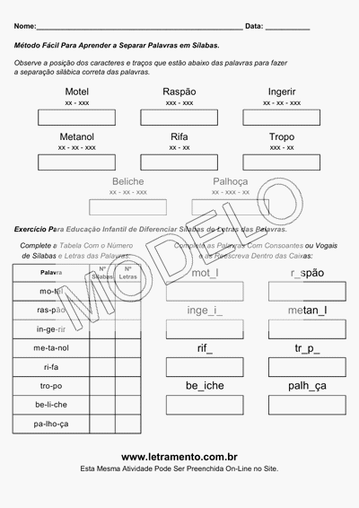 Atividade Para Imprimir Separar Sílabas Palavras Motel, Raspão, Ingerir, Metanol, Rifa, Tropo, Beliche, Palhoça