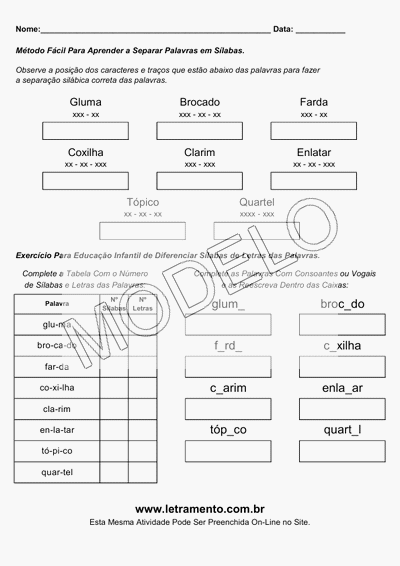 Atividade Para Imprimir Separar Sílabas Palavras Gluma, Brocado, Farda, Coxilha, Clarim, Enlatar, Tópico, Quartel