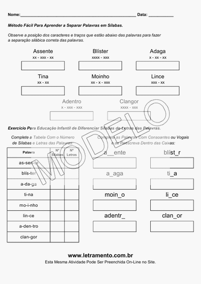 Atividade Para Imprimir Separar Sílabas Palavras Assente, Blíster, Adaga, Tina, Moinho, Lince, Adentro, Clangor
