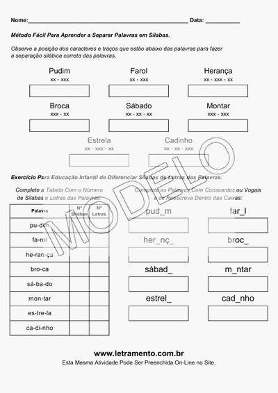 Atividade Para Imprimir Separar Sílabas Palavras Pudim, Farol, Herança, Broca, Sábado, Montar, Estrela, Cadinho