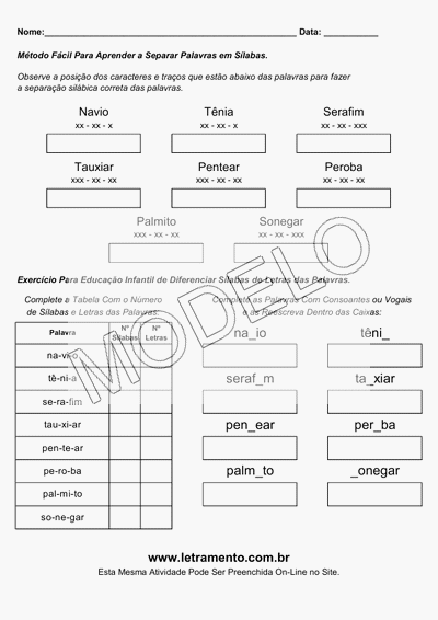 Atividade Para Imprimir Separar Sílabas Palavras Navio, Tênia, Serafim, Tauxiar, Pentear, Peroba, Palmito, Sonegar