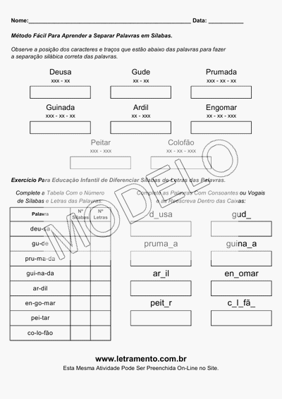 Atividade Para Imprimir Separar Sílabas Palavras Deusa, Gude, Prumada, Guinada, Ardil, Engomar, Peitar, Colofão