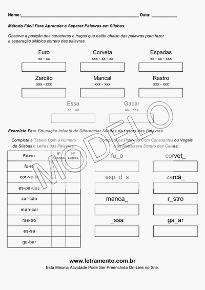 Atividade Para Imprimir Separar Sílabas Palavras Furo, Corveta, Espadas, Zarcão, Mancal, Rastro, Essa, Gabar
