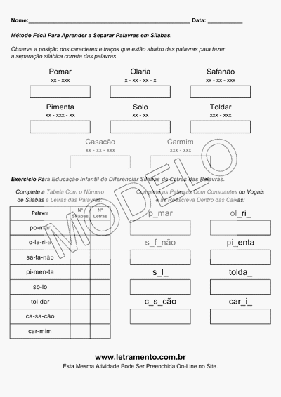 Atividade Para Imprimir Separar Sílabas Palavras Pomar, Olaria, Safanão, Pimenta, Solo, Toldar, Casacão, Carmim