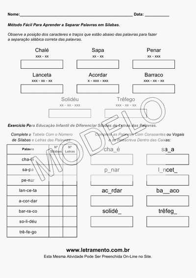 Atividade Para Imprimir Separar Sílabas Palavras Chalé, Sapa, Penar, Lanceta, Acordar, Barraco, Solidéu, Trêfego