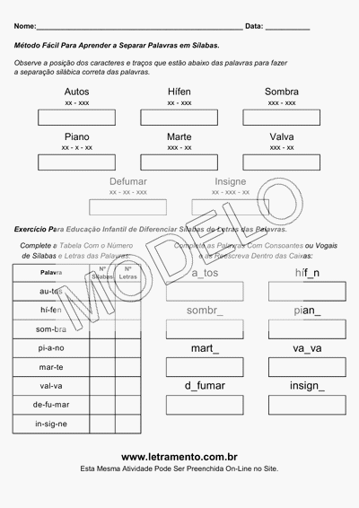 Atividade Para Imprimir Separar Sílabas Palavras Autos, Hífen, Sombra, Piano, Marte, Valva, Defumar, Insigne