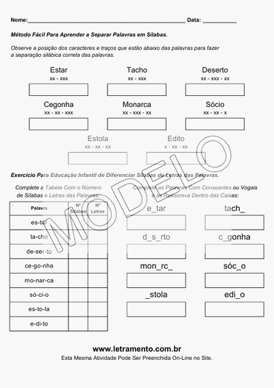 Atividade Para Imprimir Separar Sílabas Palavras Estar, Tacho, Deserto, Cegonha, Monarca, Sócio, Estola, Edito