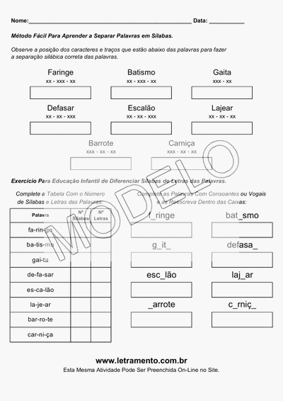 Atividade Para Imprimir Separar Sílabas Palavras Faringe, Batismo, Gaita, Defasar, Escalão, Lajear, Barrote, Carniça