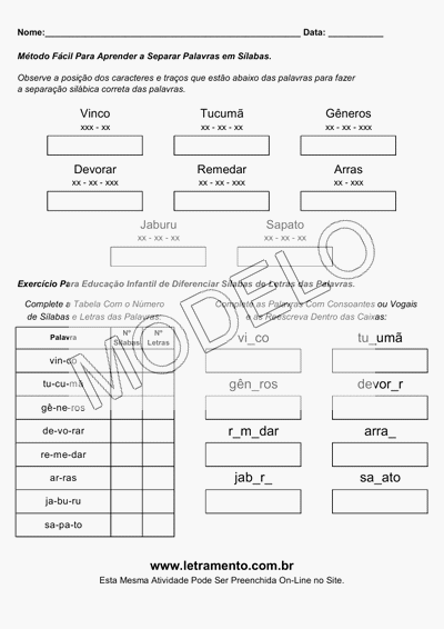 Atividade Para Imprimir Separar Sílabas Palavras Vinco, Tucumã, Gêneros, Devorar, Remedar, Arras, Jaburu, Sapato