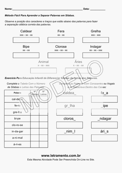 Atividade Para Imprimir Separar Sílabas Palavras Caldear, Fera, Grelha, Bipe, Clorose, Indagar, Animal, Áries