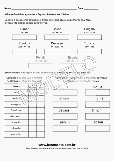 Atividade Para Imprimir Separar Sílabas Palavras Rimar, Colina, Enigma, Fundura, Devasso, Troncho, Pênalti, Escalar