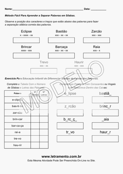 Atividade Para Imprimir Separar Sílabas Palavras Eclipse, Bastião, Zarcão, Brincar, Barcaça, Raia, Trevo, Haurir