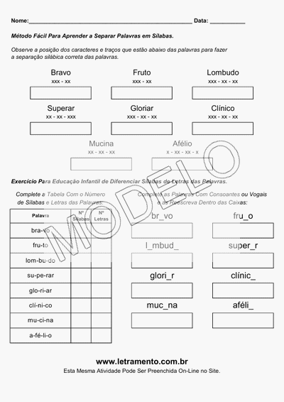 Atividade Para Imprimir Separar Sílabas Palavras Bravo, Fruto, Lombudo, Superar, Gloriar, Clínico, Mucina, Afélio