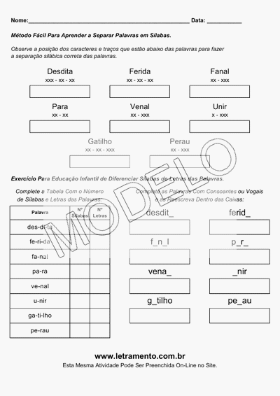 Atividade Para Imprimir Separar Sílabas Palavras Desdita, Ferida, Fanal, Para, Venal, Unir, Gatilho, Perau