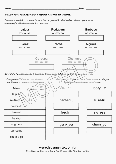 Atividade Para Imprimir Separar Sílabas Palavras Lajear, Rodagem, Barbado, Bienal, Frechal, Algures, Garoupa, Chumaço