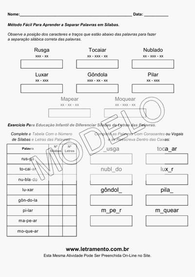 Atividade Para Imprimir Separar Sílabas Palavras Rusga, Tocaiar, Nublado, Luxar, Gôndola, Pilar, Mapear, Moquear
