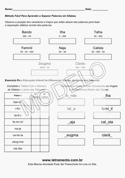 Atividade Para Imprimir Separar Sílabas Palavras Bando, Ilha, Talha, Feminil, Naja, Calista, Zeugma, Clarão