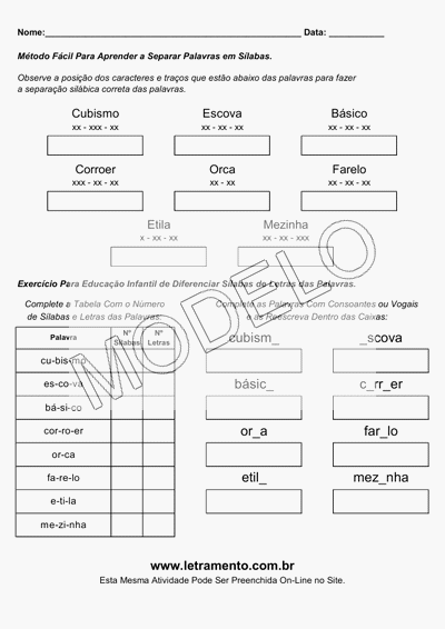 Atividade Para Imprimir Separar Sílabas Palavras Cubismo, Escova, Básico, Corroer, Orca, Farelo, Etila, Mezinha