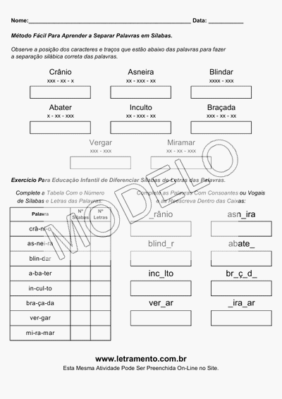 Atividade Para Imprimir Separar Sílabas Palavras Crânio, Asneira, Blindar, Abater, Inculto, Braçada, Vergar, Miramar