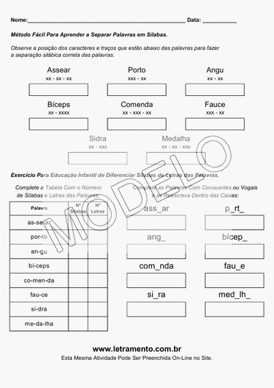 Atividade Para Imprimir Separar Sílabas Palavras Assear, Porto, Angu, Bíceps, Comenda, Fauce, Sidra, Medalha