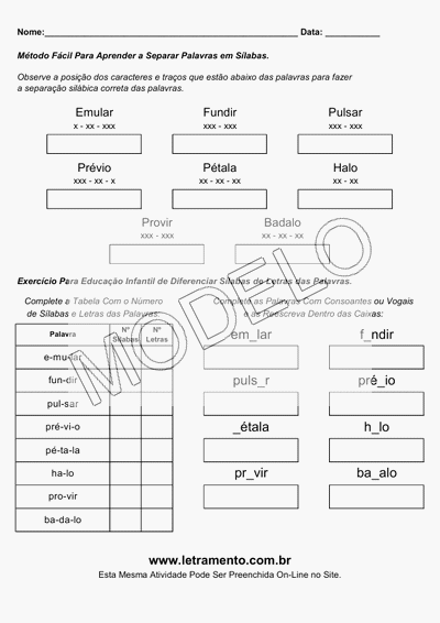 Atividade Para Imprimir Separar Sílabas Palavras Emular, Fundir, Pulsar, Prévio, Pétala, Halo, Provir, Badalo