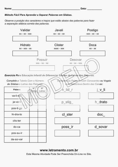 Atividade Para Imprimir Separar Sílabas Palavras Validar, Javali, Postigo, Hidrato, Clister, Doca, Possuir, Desovar