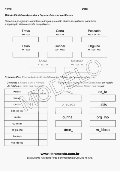 Atividade Para Imprimir Separar Sílabas Palavras Trova, Certa, Pescada, Talão, Cunhar, Orgulho, Ácaro, Maldoso