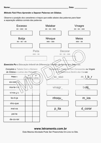 Atividade Para Imprimir Separar Sílabas Palavras Excesso, Malabar, Vinagre, Botija, Nhoque, Meios, Peita, Decorar