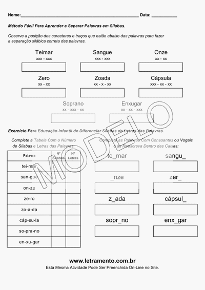 Atividade Para Imprimir Separar Sílabas Palavras Teimar, Sangue, Onze, Zero, Zoada, Cápsula, Soprano, Enxugar