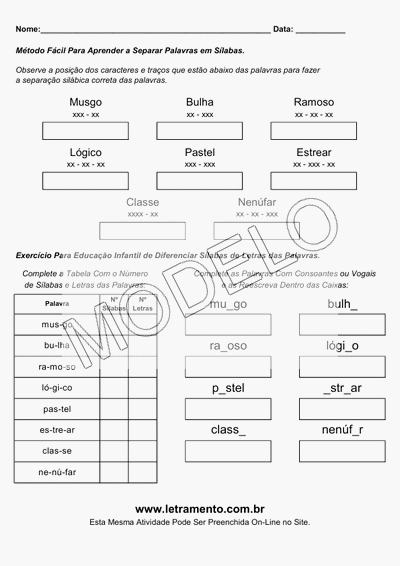 Atividade Para Imprimir Separar Sílabas Palavras Musgo, Bulha, Ramoso, Lógico, Pastel, Estrear, Classe, Nenúfar