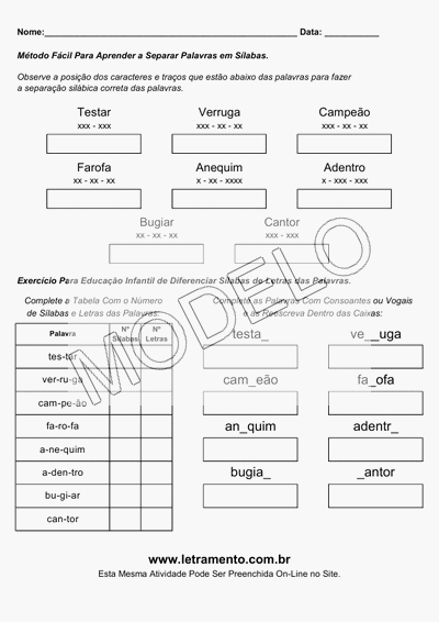 Atividade Para Imprimir Separar Sílabas Palavras Testar, Verruga, Campeão, Farofa, Anequim, Adentro, Bugiar, Cantor