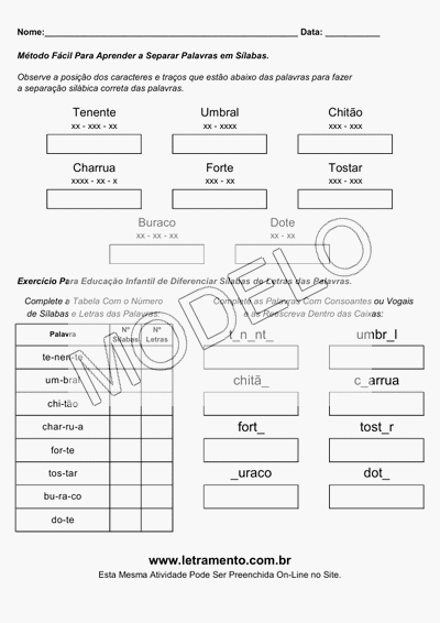 Atividade Para Imprimir Separar Sílabas Palavras Tenente, Umbral, Chitão, Charrua, Forte, Tostar, Buraco, Dote