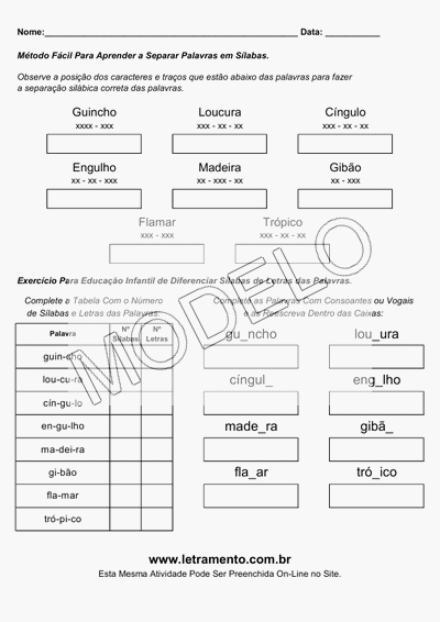 Atividade Para Imprimir Separar Sílabas Palavras Guincho, Loucura, Cíngulo, Engulho, Madeira, Gibão, Flamar, Trópico