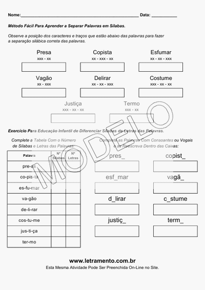 Exercícios de Separação Silábica Atividade Para Imprimir Separar Sílabas Palavras Presa, Copista, Esfumar, Vagão, Delirar, Costume, Justiça, Termo