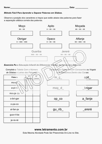 Atividade Para Imprimir Separar Sílabas Palavras Moço, Apito, Moçada, Obrigar, Opaco, Alfanje, Guariba, Jereré